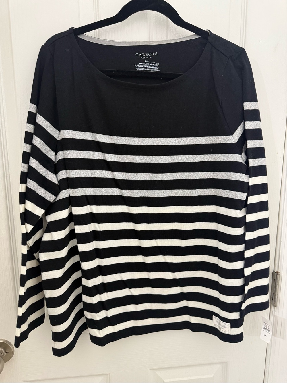 Talbots Black, metallic silver and White Striped Long-Sleeve Boatneck Tee. 2XP